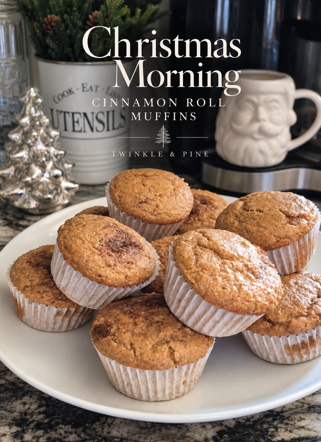 Christmas morning cinnamon roll muffins on a white plate in a beautiful kitchen