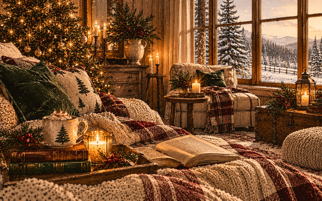 Slow Christmas morning with cozy blankets, hot cocoa, books and snow outside