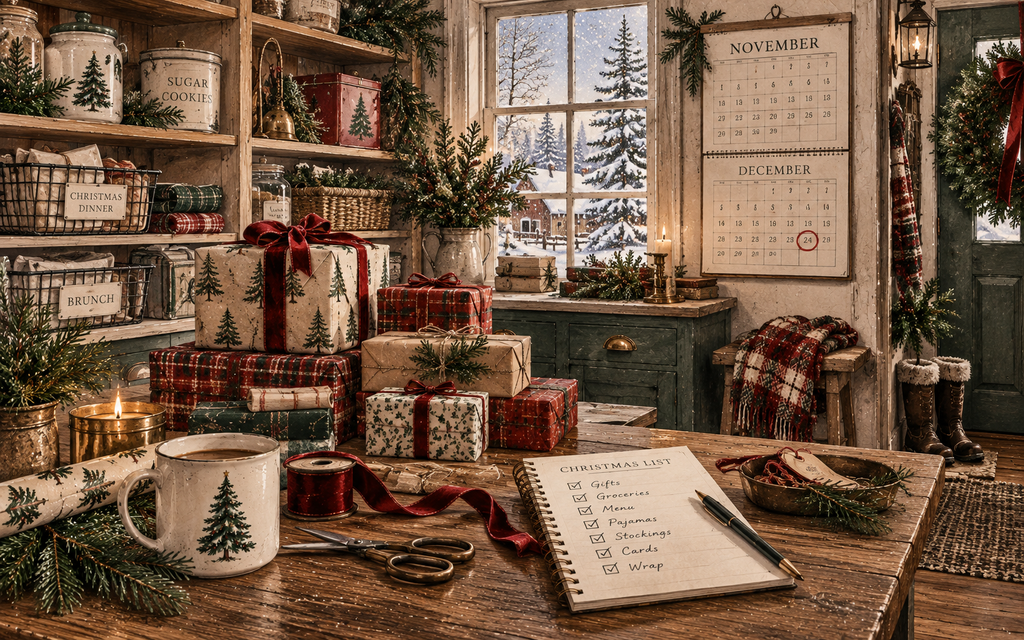 Christmas Eve prep scene with wrapped gifts, groceries, holiday supplies and a completed Christmas checklist before December 24th.