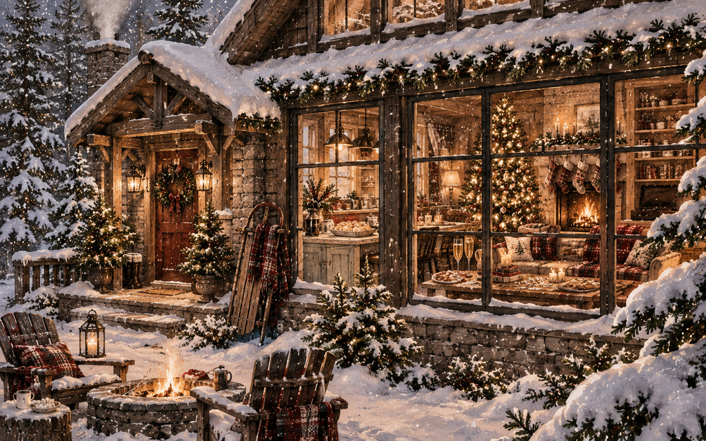 Snowy Christmas cabin glowing with tree lights, a fireplace, cinnamon rolls, champagne and cozy Christmas Eve traditions inside.