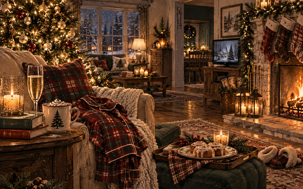 Cozy Christmas Eve living room with cinnamon rolls, champagne, hot cocoa, plaid pajamas, a glowing tree and fireplace.