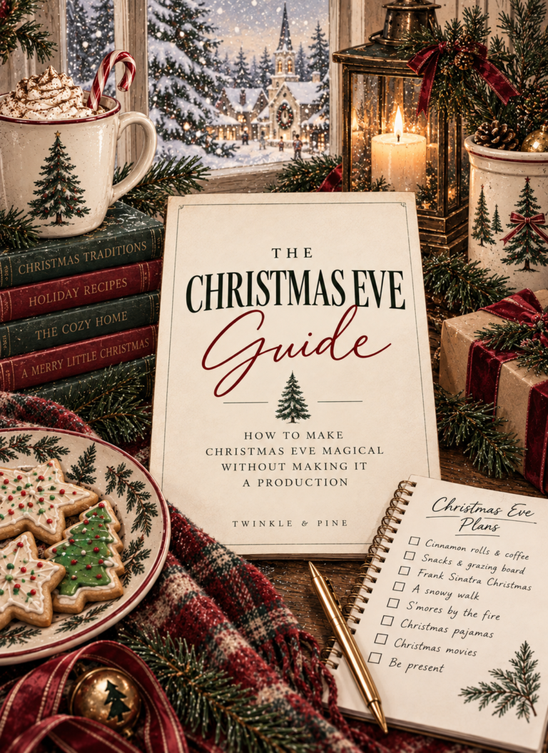 Christmas Eve guide with a cozy holiday checklist, Christmas cookies, hot cocoa, evergreen branches and a snowy Christmas village.