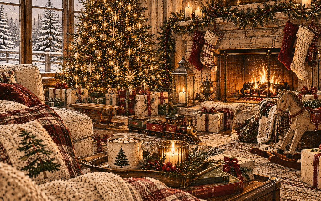 Cozy Christmas morning traditions with stockings, presents and a glowing fireplace