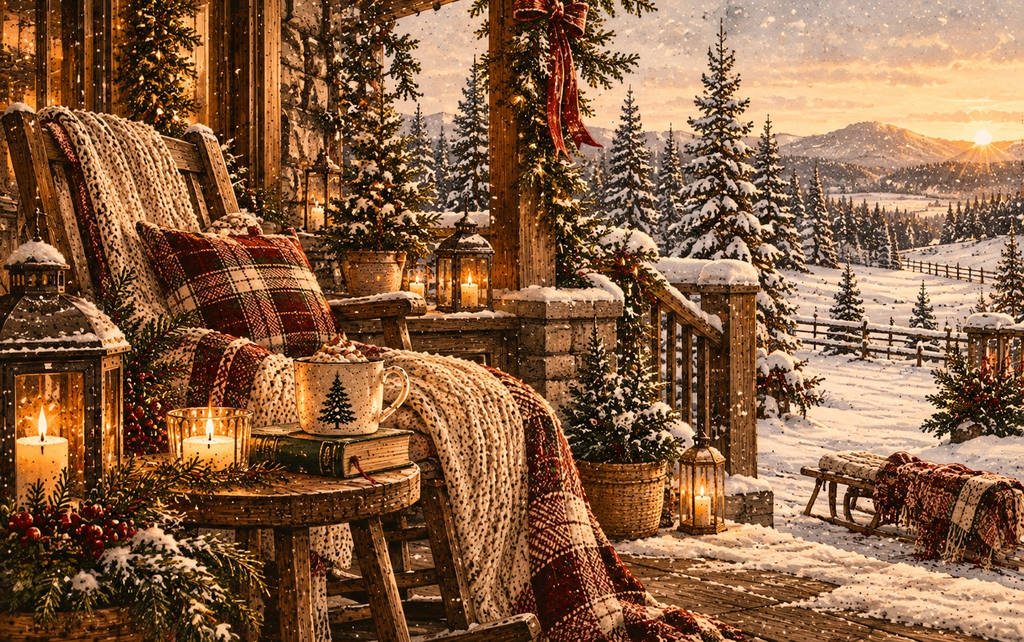 Slow Christmas morning on a snowy porch with hot cocoa, blankets and glowing lanterns