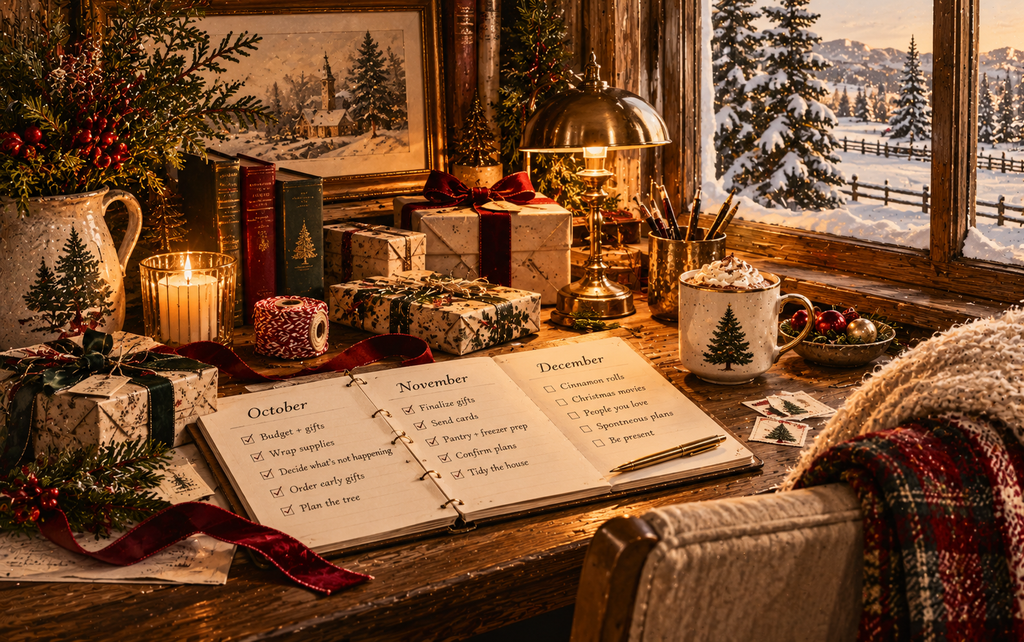Christmas planning guide with October and November prep lists beside wrapped gifts and a snowy window